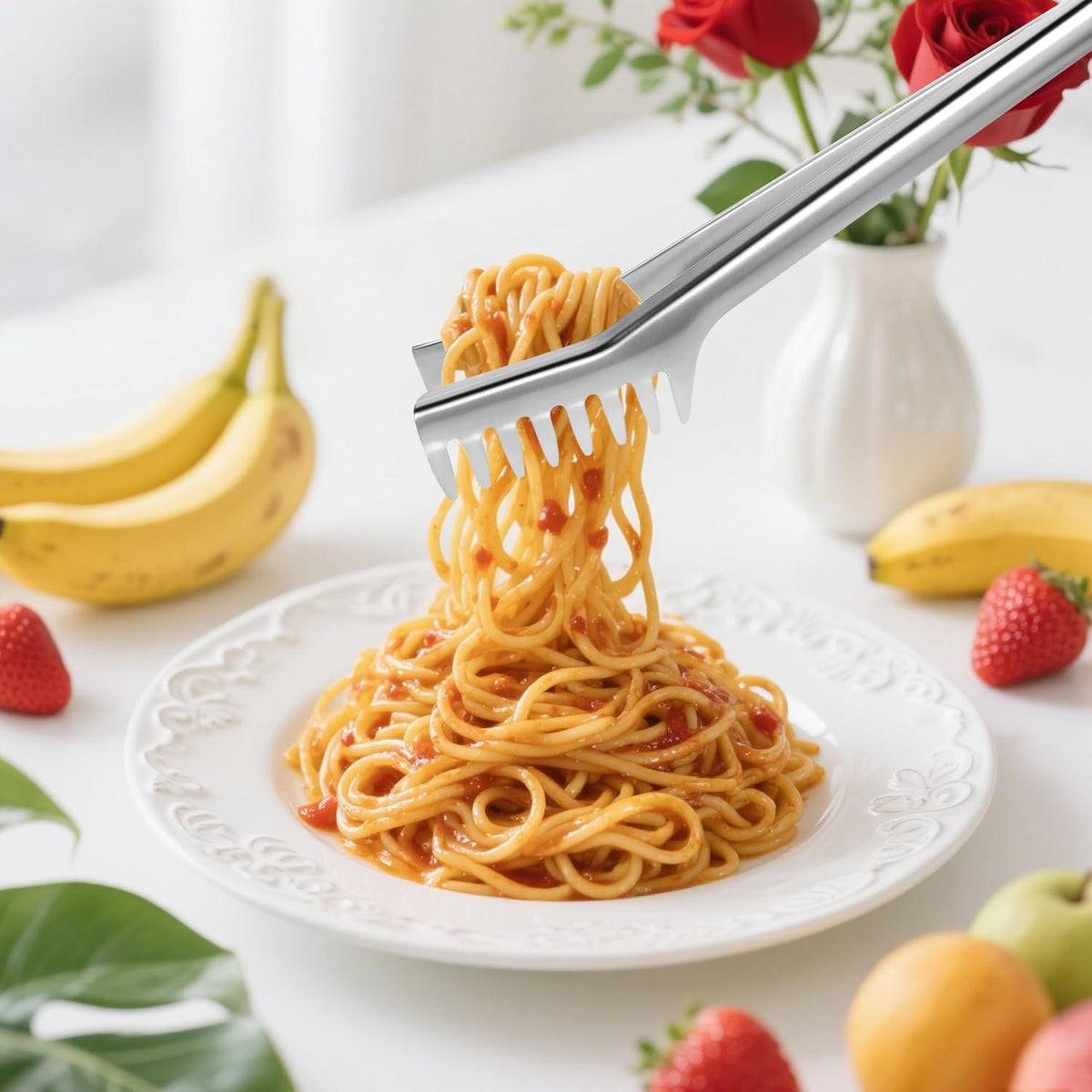 Spaghetti Spoon and Spaghetti Tong 2-Piece Set, 13-Inch Non-Stick Spaghetti Fork and 11.4-Inch Kitchen Tong, Easy Storage and Cleanup, Ergonomic Design, Stainless Steel