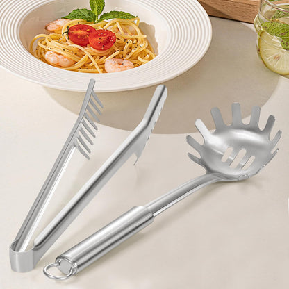 Spaghetti Spoon and Spaghetti Tong 2-Piece Set, 13-Inch Non-Stick Spaghetti Fork and 11.4-Inch Kitchen Tong, Easy Storage and Cleanup, Ergonomic Design, Stainless Steel
