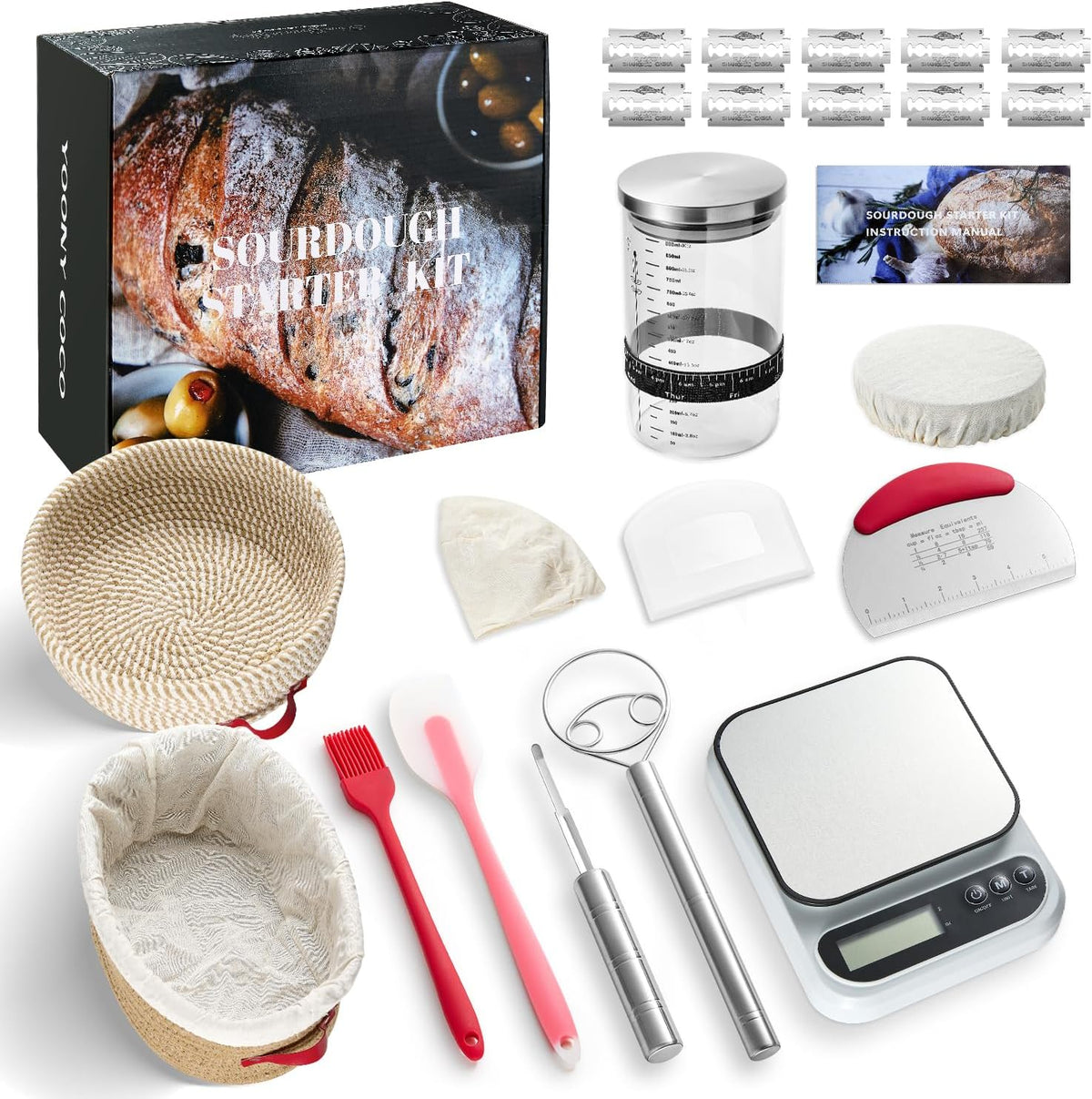 Sourdough Bread Baking Supplies, Sourdough Starter Kit with scale, Starter Jar, Bread Making Tools Kit, Sour Dough Kit Tools, Sourdough Proofing Basket, Sourdough Kit Gifts for Bakers Women Wife Mom