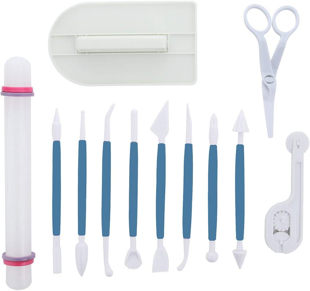 Marshmallow Fondant Cake Decorating Hand Tool 12 Pcs 5 Sets Sugarcraft Gumpaste Icing Smoother Rolling Pin Trimmer Cutter Embosser Flower Scissor Modelling Accessories Supplies Kit Multi