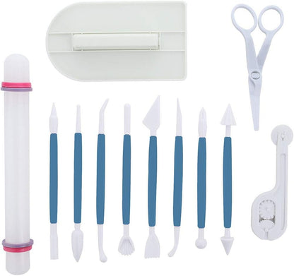 Marshmallow Fondant Cake Decorating Hand Tool 12 Pcs 5 Sets Sugarcraft Gumpaste Icing Smoother Rolling Pin Trimmer Cutter Embosser Flower Scissor Modelling Accessories Supplies Kit Multi