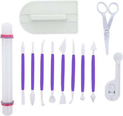 Marshmallow Fondant Cake Decorating Hand Tool 12 Pcs 5 Sets Sugarcraft Gumpaste Icing Smoother Rolling Pin Trimmer Cutter Embosser Flower Scissor Modelling Accessories Supplies Kit Multi