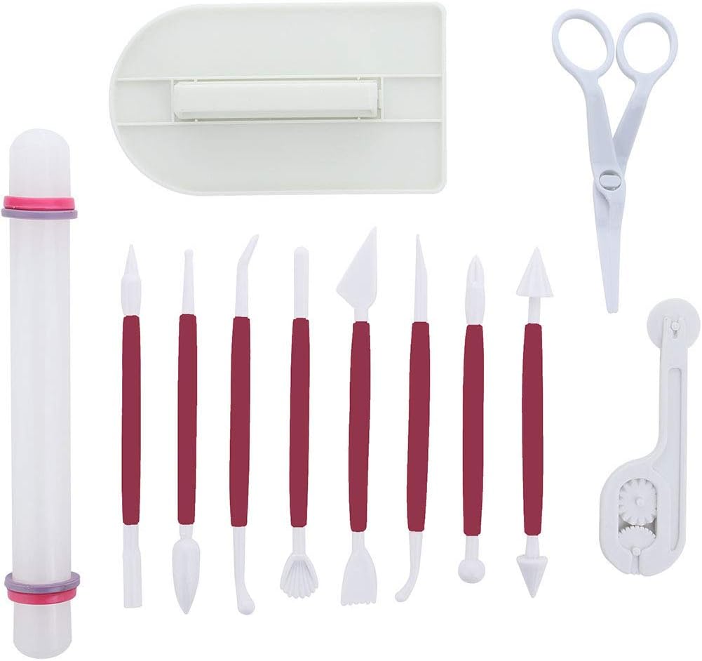 Marshmallow Fondant Cake Decorating Hand Tool 12 Pcs 5 Sets Sugarcraft Gumpaste Icing Smoother Rolling Pin Trimmer Cutter Embosser Flower Scissor Modelling Accessories Supplies Kit Multi