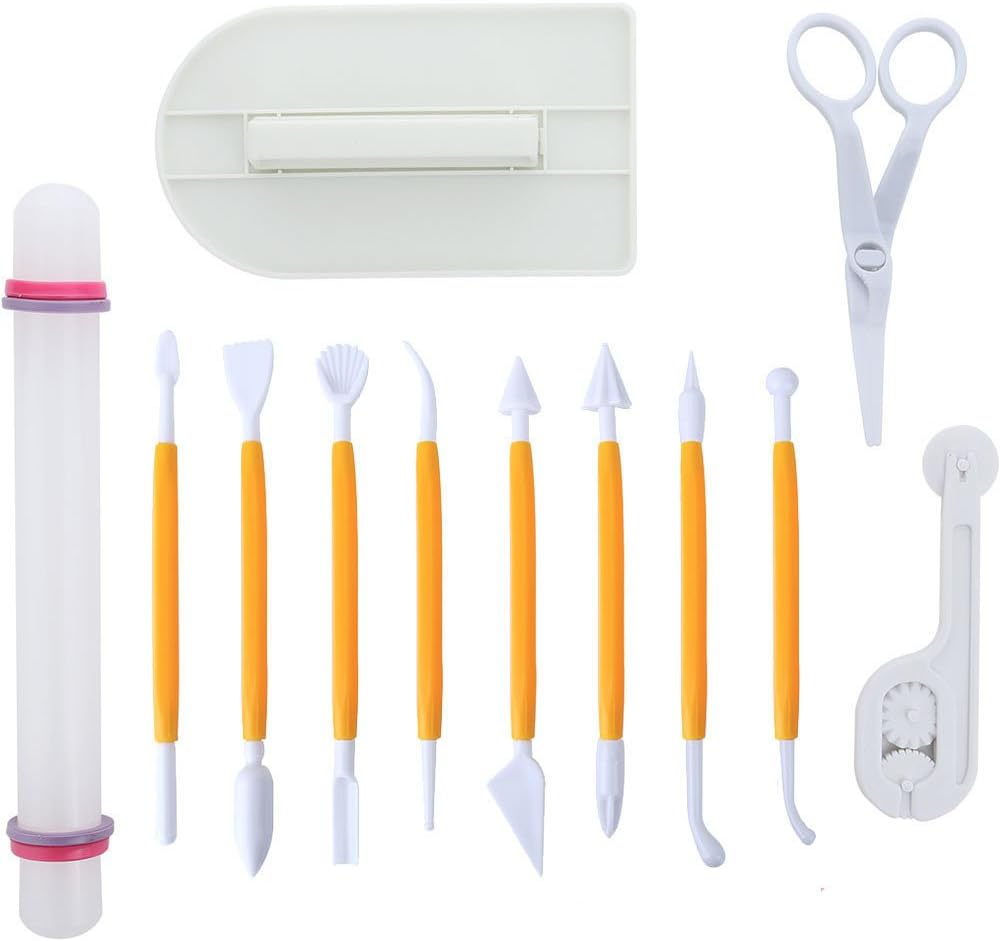 Marshmallow Fondant Cake Decorating Hand Tool 12 Pcs 5 Sets Sugarcraft Gumpaste Icing Smoother Rolling Pin Trimmer Cutter Embosser Flower Scissor Modelling Accessories Supplies Kit Multi