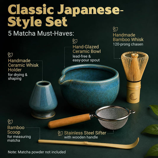 Set | 5-Piece Japanese Matcha Whisk Kit with Ceremonial Ceramic Bowl, Bamboo Whisk, Stainless Sifter, Bamboo Scoop & Holder | Premium Matcha Tea Set Gift for Beginners & Enthusiasts