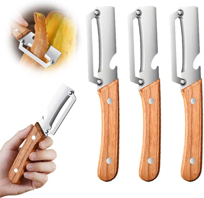 Multi-Functional Stainless Steel Thickened Fruit Peeler Knife for Kitchen, Ultra-Sharp Blade with Wooden Handle and Bottle Opener, For Vegetables or Fruits that Need to Be Peeled