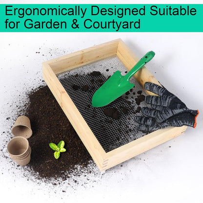 15.74" x 11.81" Soil Sifter - Steel Wire Mesh & Natural Wood Dirt Sifter for Gardening - Compost, Rock, & Dirt Sifter Tool with Gloves and Trowel- Essential Garden Tool for Flower & Vegetable Planting