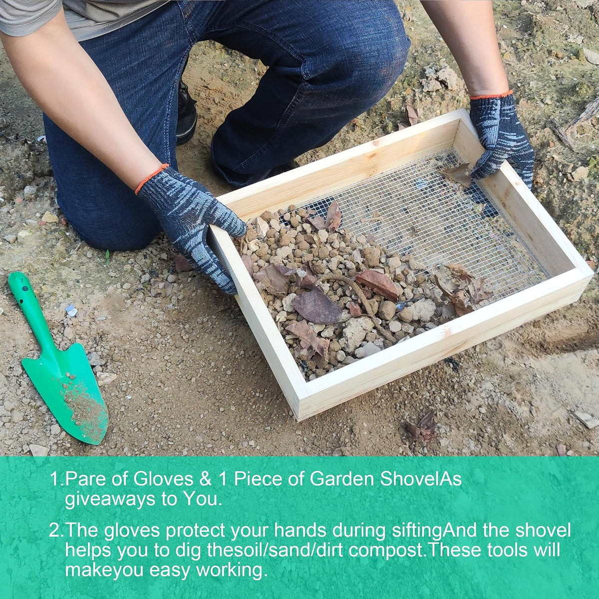 15.74" x 11.81" Soil Sifter - Steel Wire Mesh & Natural Wood Dirt Sifter for Gardening - Compost, Rock, & Dirt Sifter Tool with Gloves and Trowel- Essential Garden Tool for Flower & Vegetable Planting