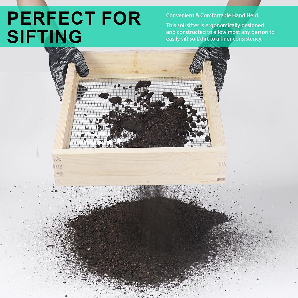 15.74" x 11.81" Soil Sifter - Steel Wire Mesh & Natural Wood Dirt Sifter for Gardening - Compost, Rock, & Dirt Sifter Tool with Gloves and Trowel- Essential Garden Tool for Flower & Vegetable Planting