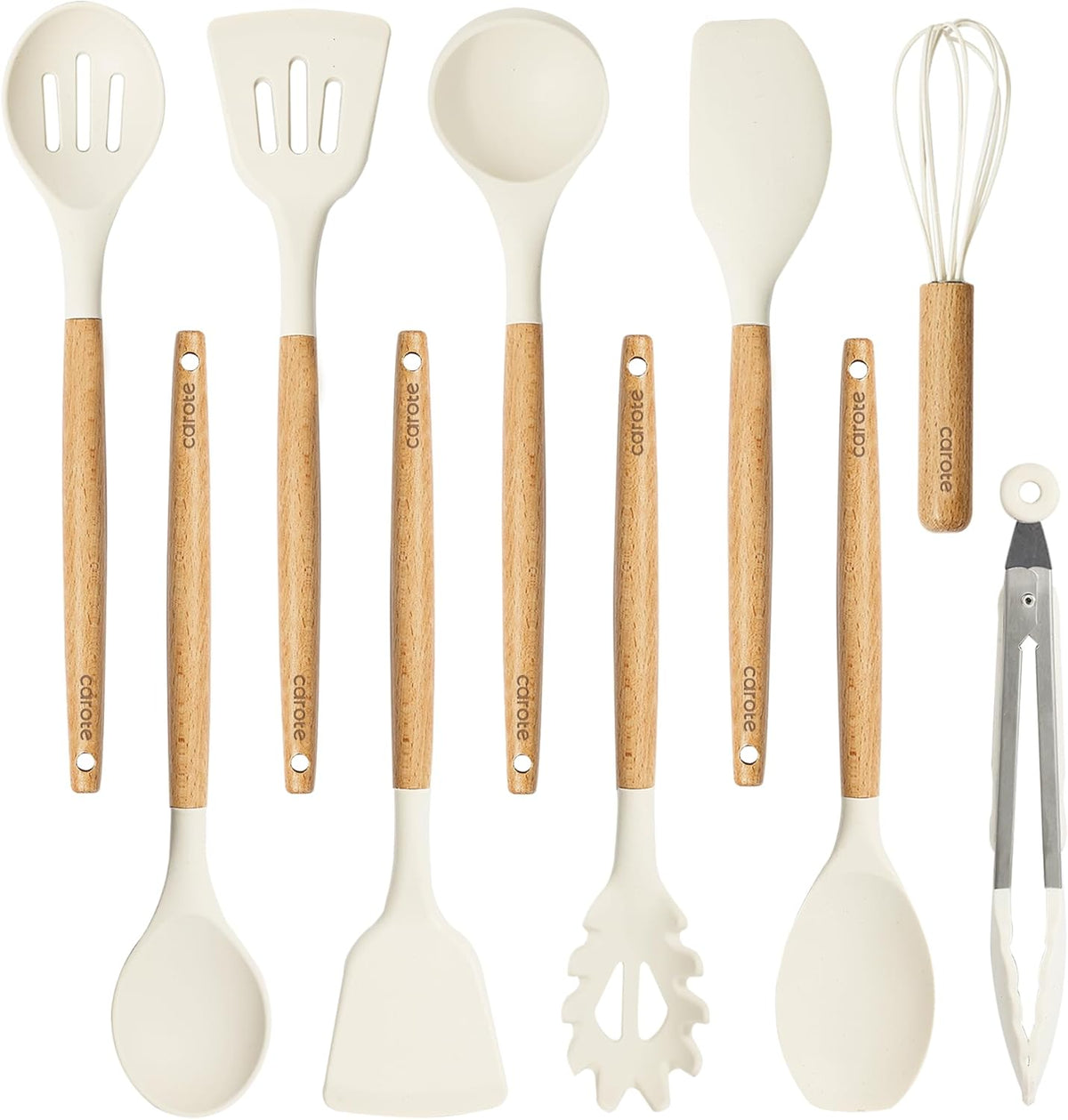 Kitchen Utensils Set with Wood Cool-Touch Handles, Cream