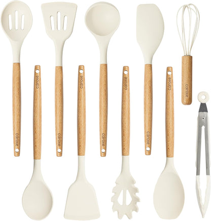 Kitchen Utensils Set with Wood Cool-Touch Handles, Cream