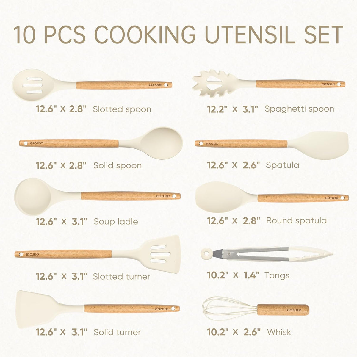 Kitchen Utensils Set with Wood Cool-Touch Handles, Cream