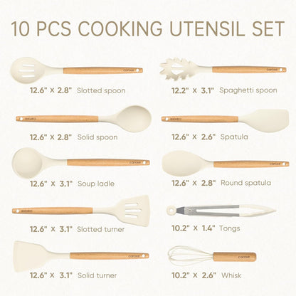 Kitchen Utensils Set with Wood Cool-Touch Handles, Cream