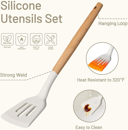 Kitchen Utensils Set with Wood Cool-Touch Handles, Cream