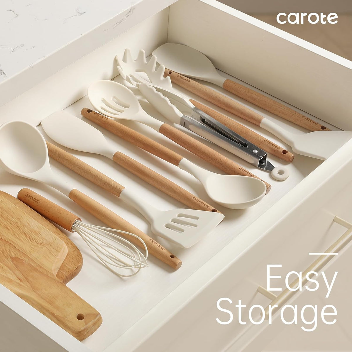 Kitchen Utensils Set with Wood Cool-Touch Handles, Cream