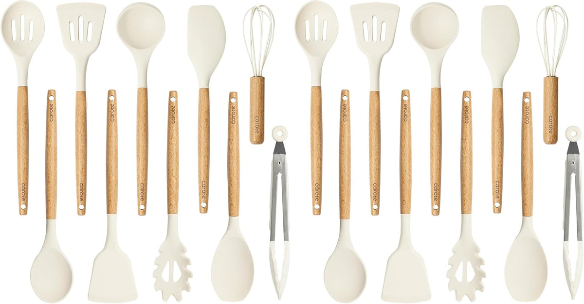 Kitchen Utensils Set with Wood Cool-Touch Handles, Cream