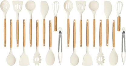 Kitchen Utensils Set with Wood Cool-Touch Handles, Cream