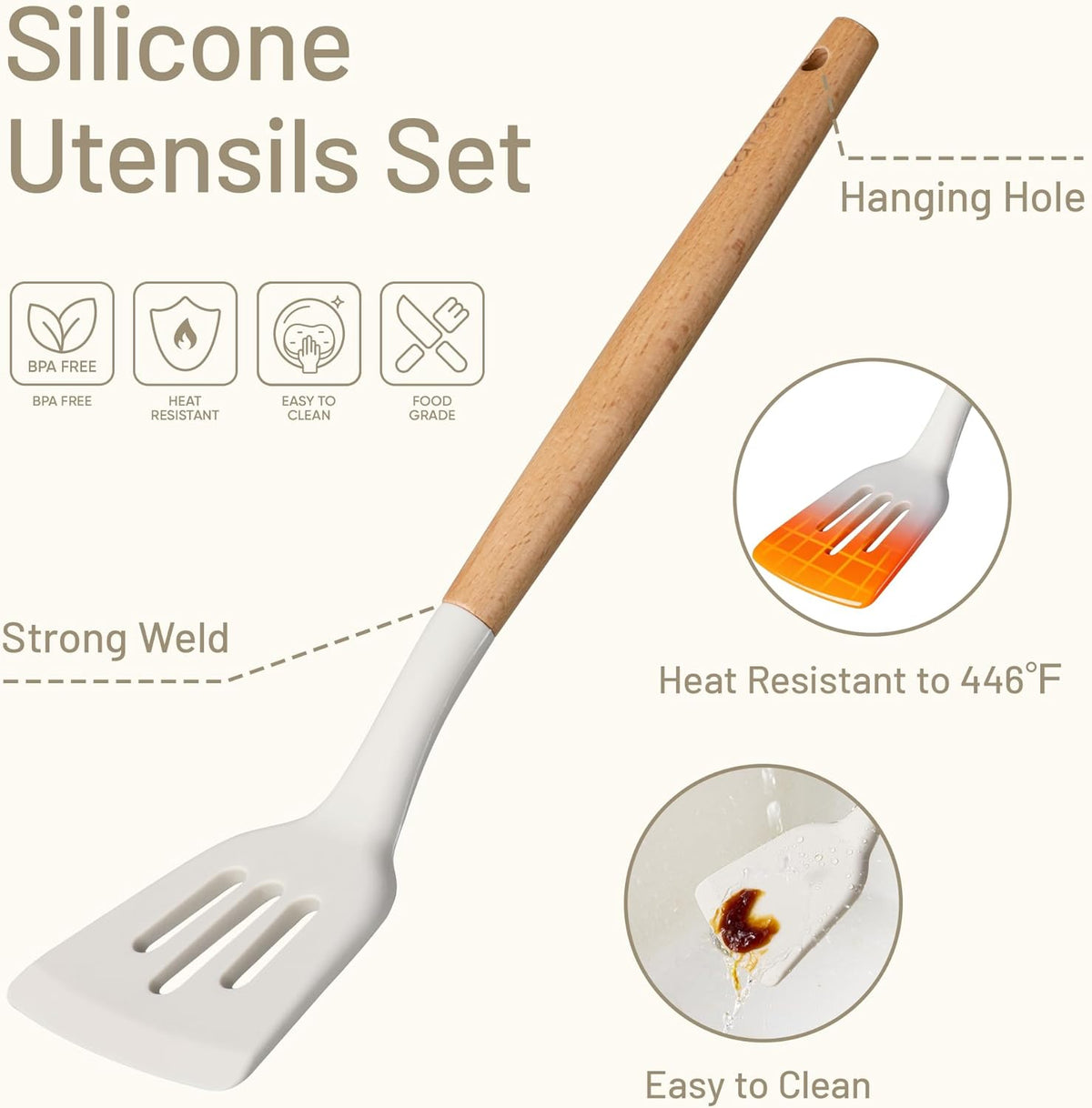 Kitchen Utensils Set with Wood Cool-Touch Handles, Cream