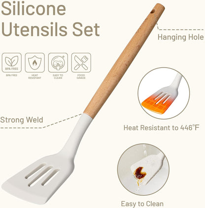Kitchen Utensils Set with Wood Cool-Touch Handles, Cream