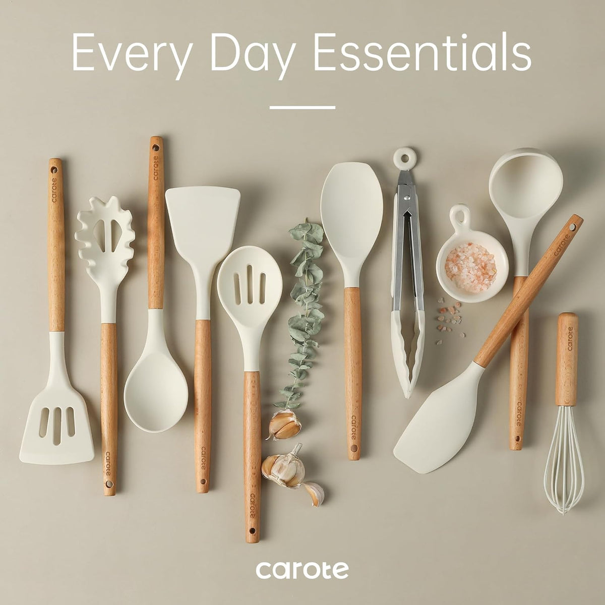Kitchen Utensils Set with Wood Cool-Touch Handles, Cream