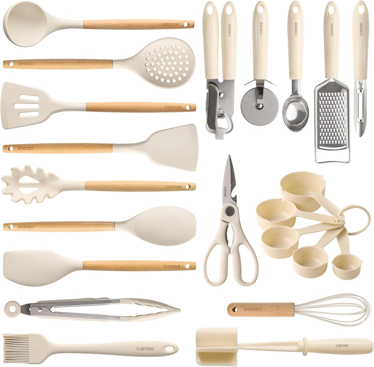 Kitchen Utensils Set with Wood Cool-Touch Handles, Cream