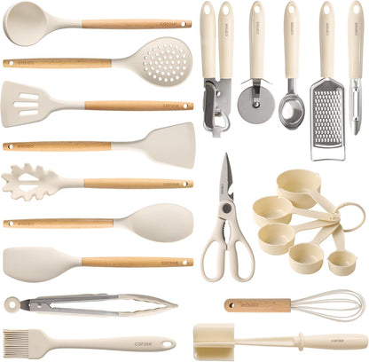 Kitchen Utensils Set with Wood Cool-Touch Handles, Cream