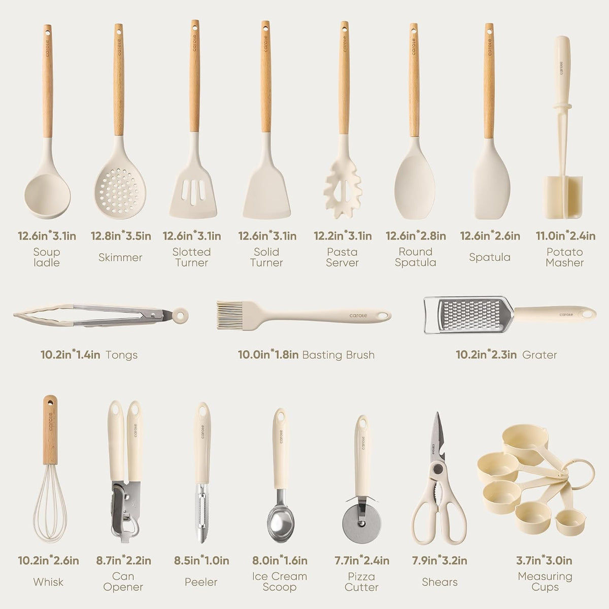 Kitchen Utensils Set with Wood Cool-Touch Handles, Cream