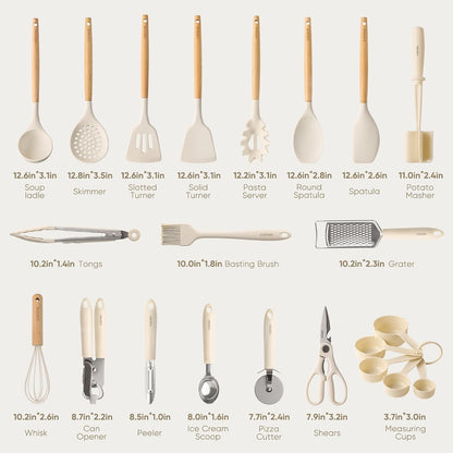 Kitchen Utensils Set with Wood Cool-Touch Handles, Cream
