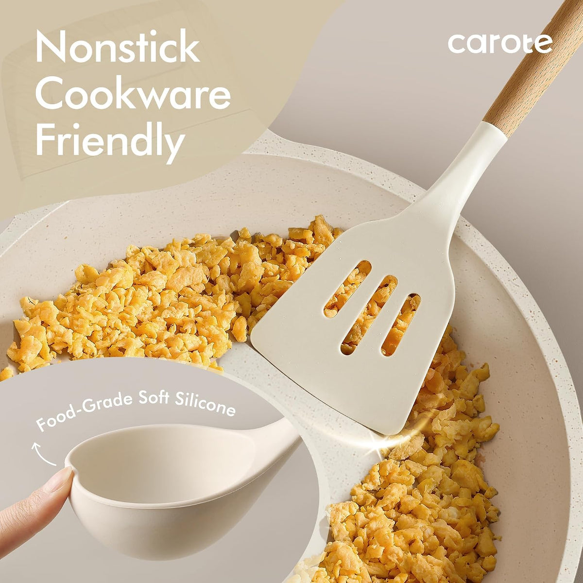 Kitchen Utensils Set with Wood Cool-Touch Handles, Cream