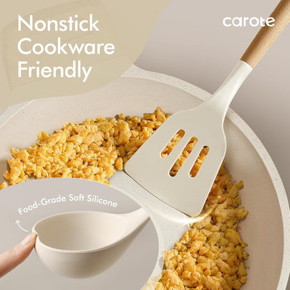 Kitchen Utensils Set with Wood Cool-Touch Handles, Cream
