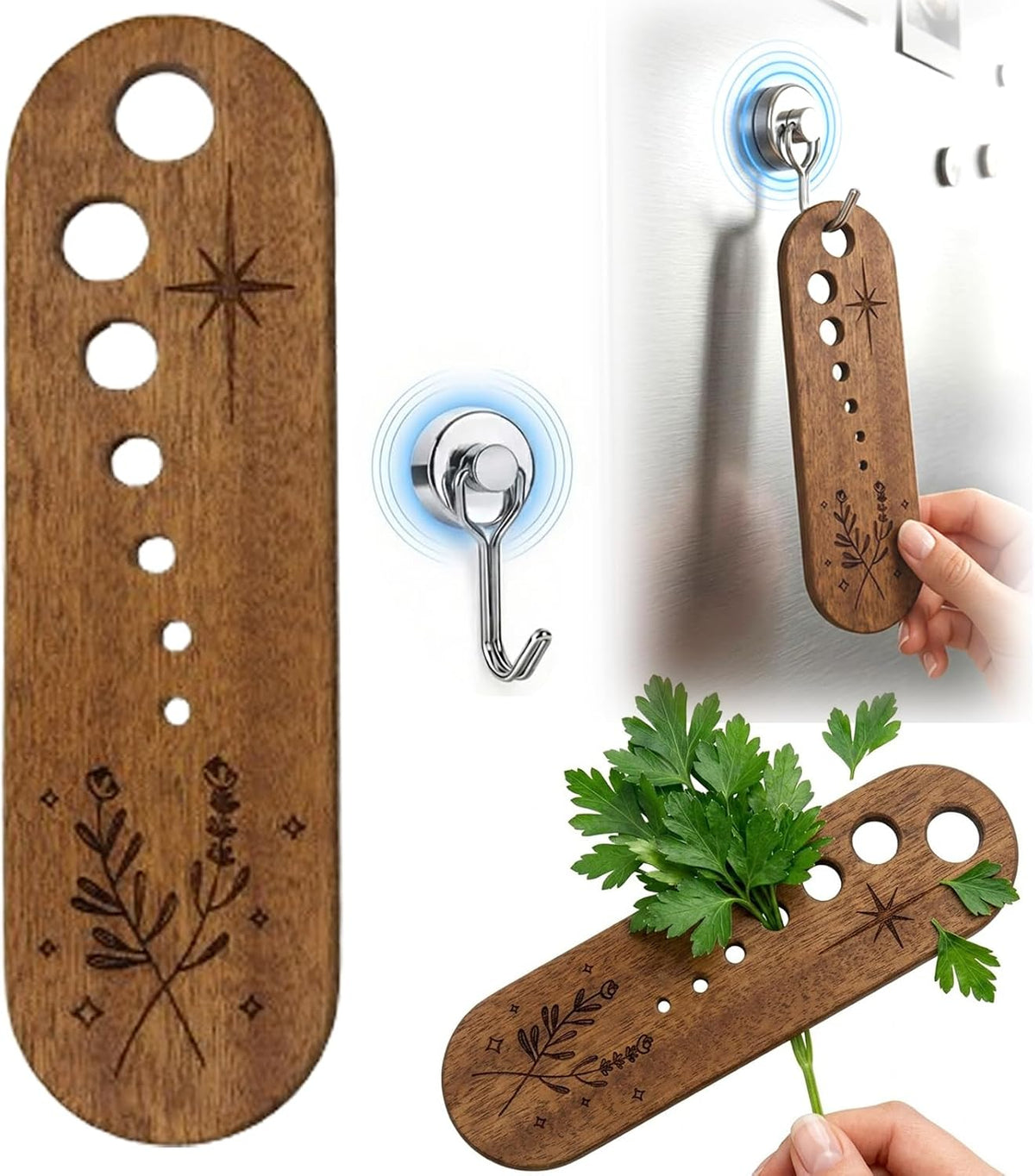 Herb Peeler Tool Wooden Herb Leaf Stripper Vegetable Stripper with magnetic hook for Kale Chard Collard Greens Thyme Basil Rosemary 7 Holes