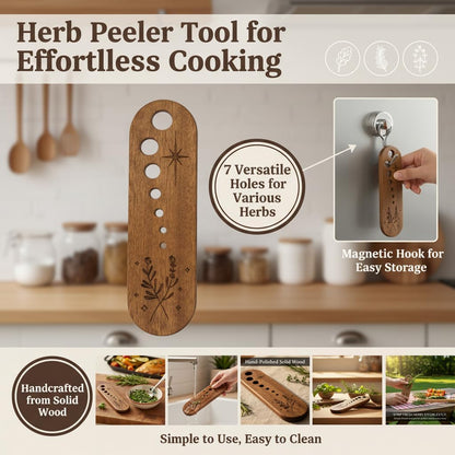 Herb Peeler Tool Wooden Herb Leaf Stripper Vegetable Stripper with magnetic hook for Kale Chard Collard Greens Thyme Basil Rosemary 7 Holes