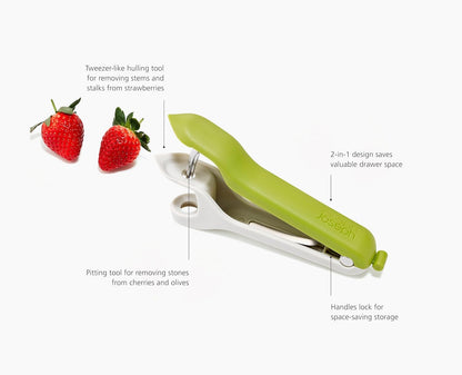 Tweezy 2-in-1 Cherry Olive Pitter and Strawberry Huller, Space saving storage, BPA free