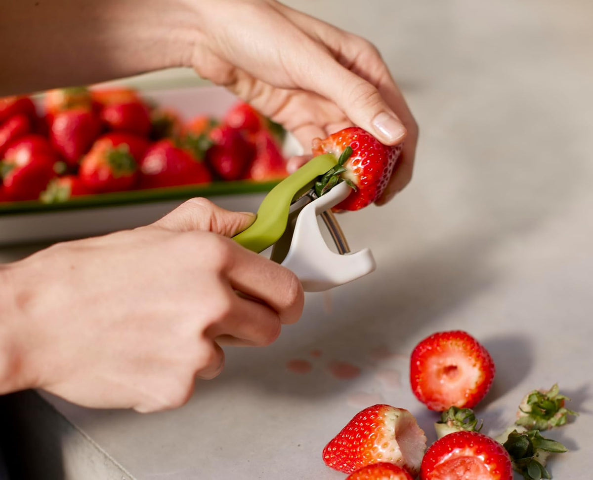 Tweezy 2-in-1 Cherry Olive Pitter and Strawberry Huller, Space saving storage, BPA free