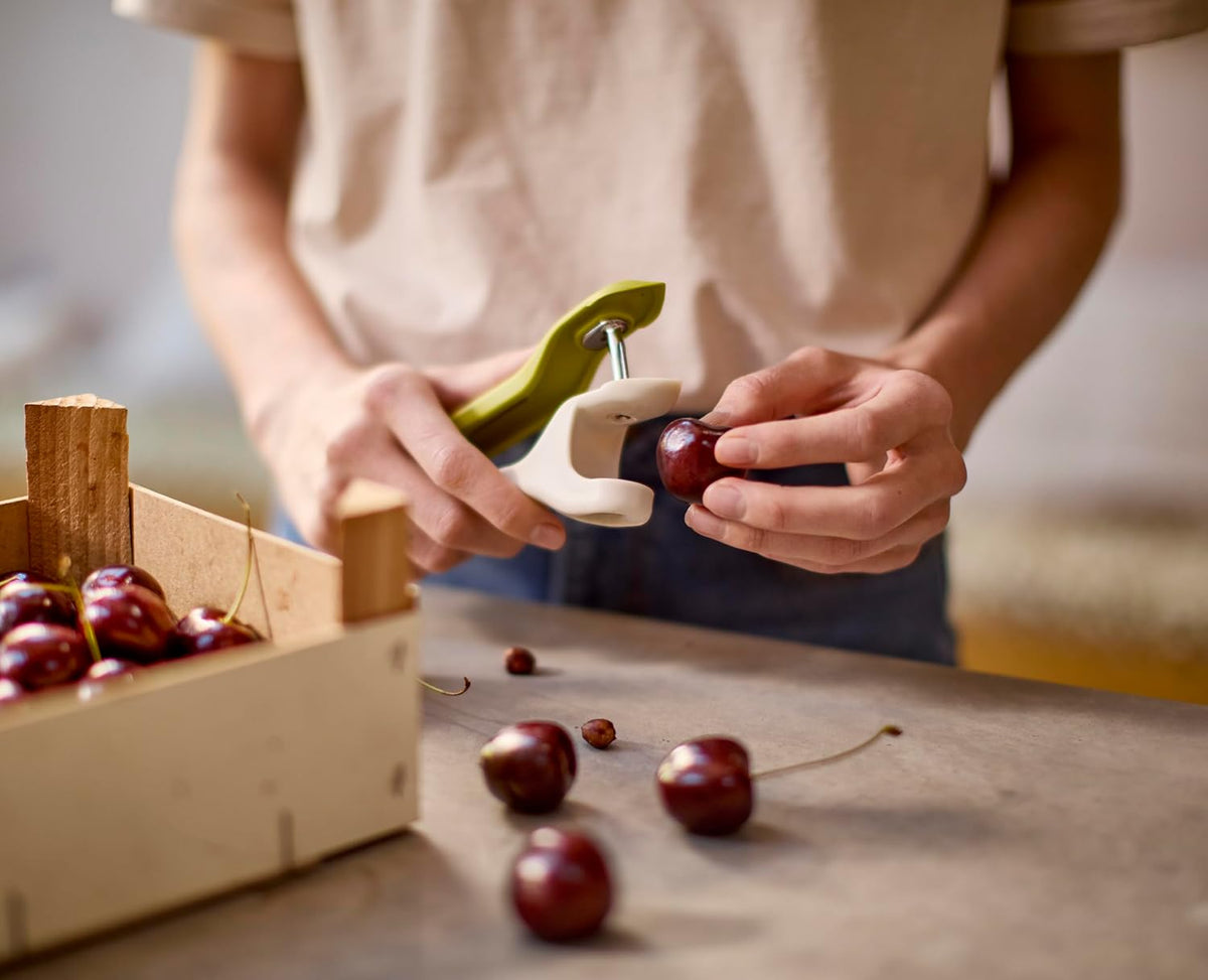 Tweezy 2-in-1 Cherry Olive Pitter and Strawberry Huller, Space saving storage, BPA free
