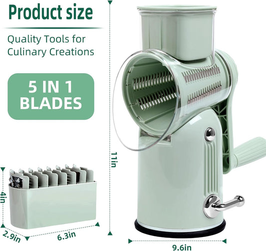 Rotary Cheese Grater with Handle, 5 Replaceable Blades(Green) | Strong Suction Base, Round Food Slicer & Chopper for Kitchen Fruit Vegetables Nuts with Blade Storage Box