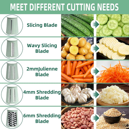 Rotary Cheese Grater with Handle, 5 Replaceable Blades(Green) | Strong Suction Base, Round Food Slicer & Chopper for Kitchen Fruit Vegetables Nuts with Blade Storage Box