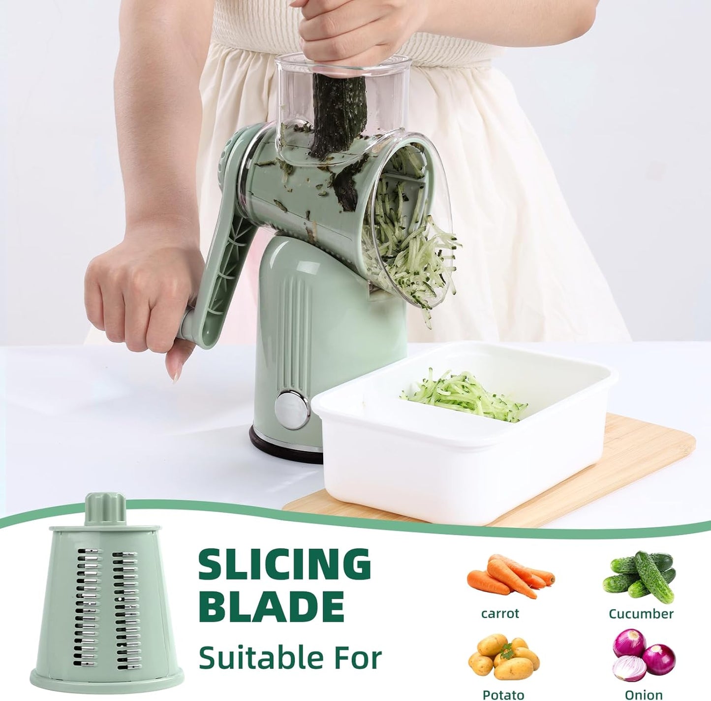 Rotary Cheese Grater with Handle, 5 Replaceable Blades(Green) | Strong Suction Base, Round Food Slicer & Chopper for Kitchen Fruit Vegetables Nuts with Blade Storage Box