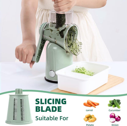 Rotary Cheese Grater with Handle, 5 Replaceable Blades(Green) | Strong Suction Base, Round Food Slicer & Chopper for Kitchen Fruit Vegetables Nuts with Blade Storage Box