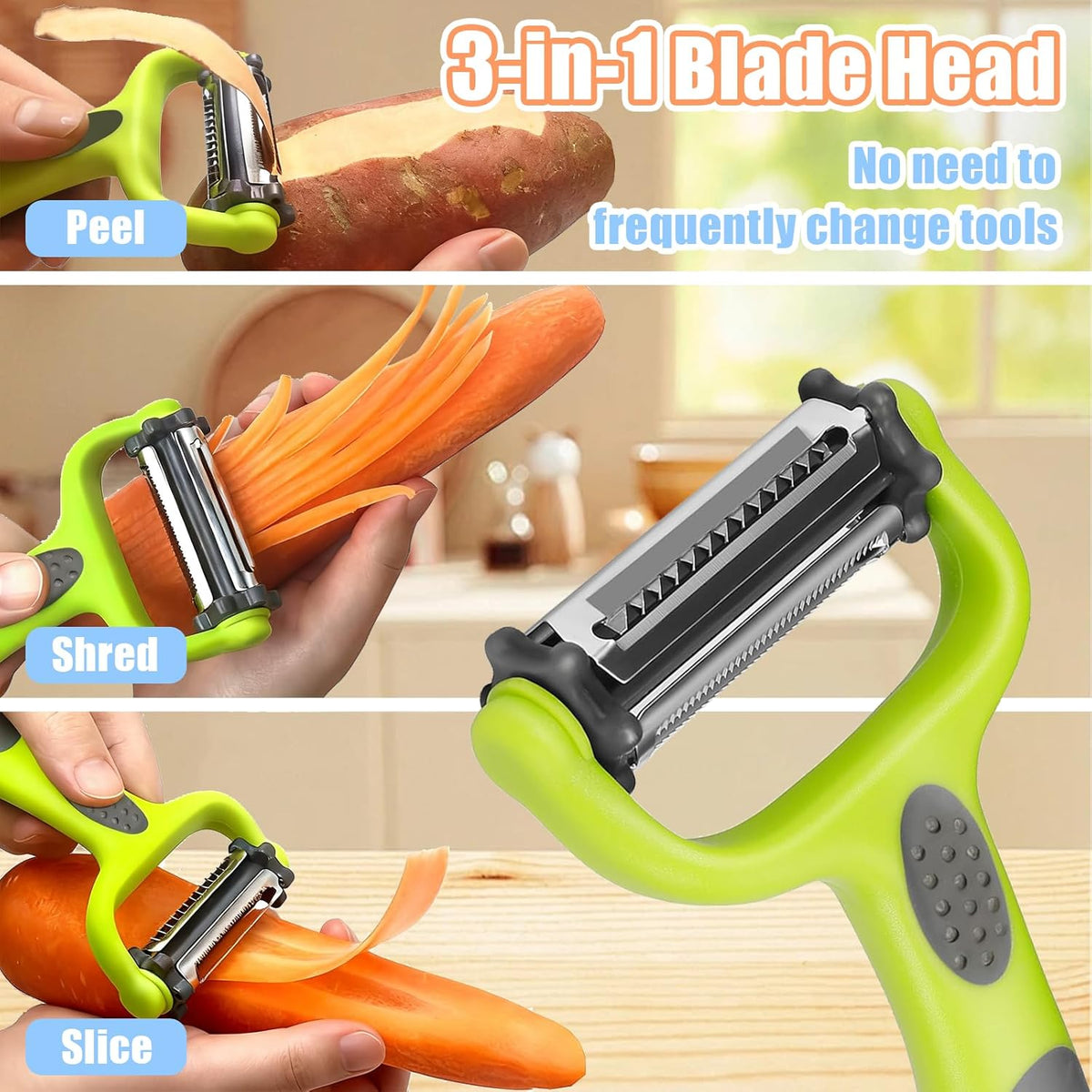 3-in-1 Multifunctional Fruit & Vegetable Peeler - Stainless Steel Blade for Peeling/Julienning/Slicing Non-Slip Handle Ideal for Potatoes/Cucumbers/Apples Home Kitchen Daily Use (3)
