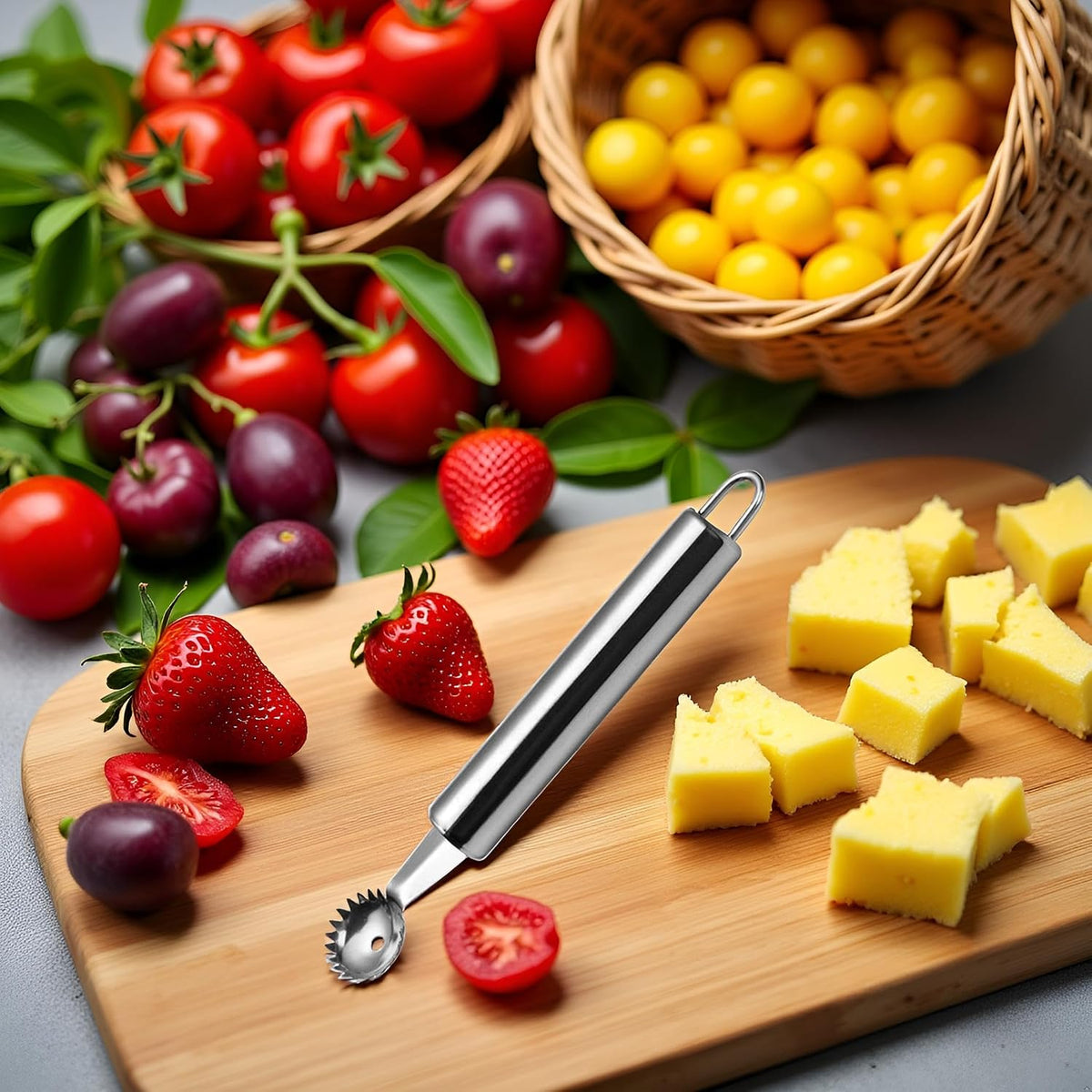 Silver Stems Remover For Pineapple Strawberry Tomato Cherry Stainless Steel Tomato Corer Strawberry Huller Stem Remover Fruit Leaf，Corers and Pitters，Fruit and Vegetable Corers