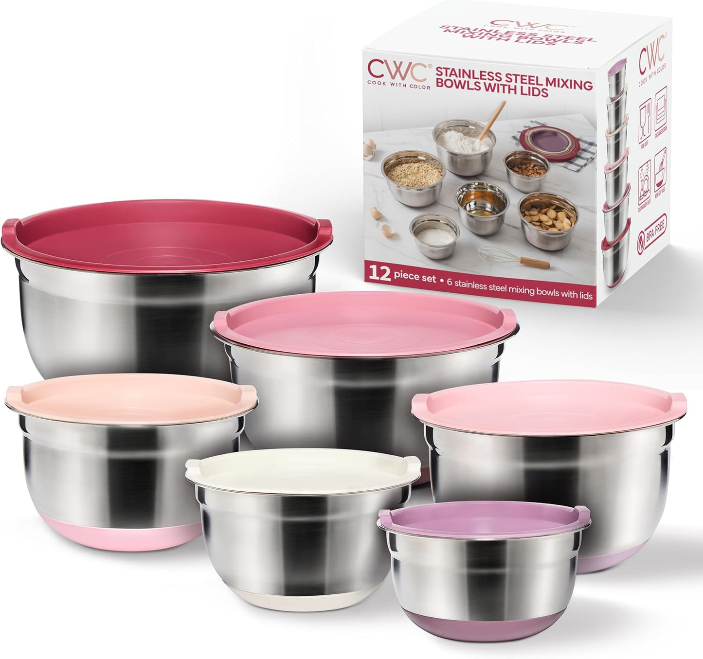 Stainless Steel Mixing Bowls Set with Lids - Nesting Bowls with Non-Slip Bottom, Sage, 12 Pieces
