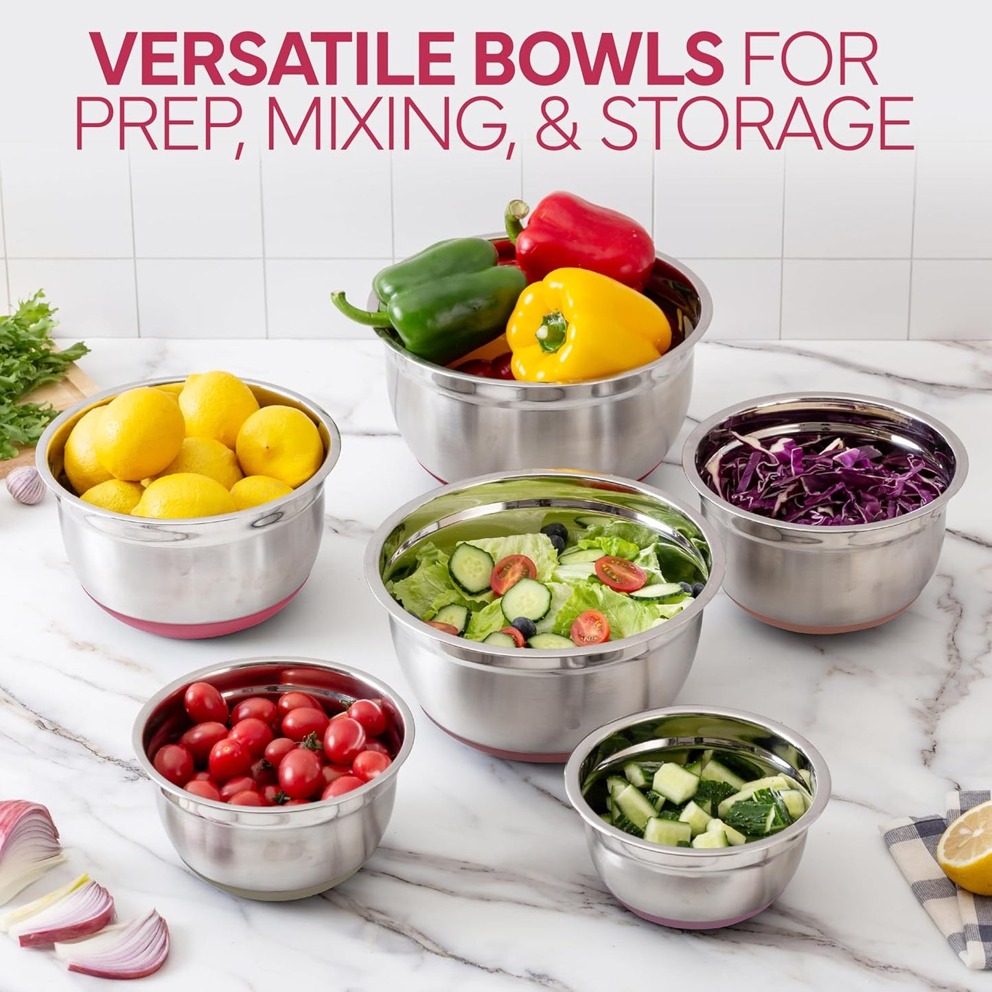 Stainless Steel Mixing Bowls Set with Lids - Nesting Bowls with Non-Slip Bottom, Sage, 12 Pieces