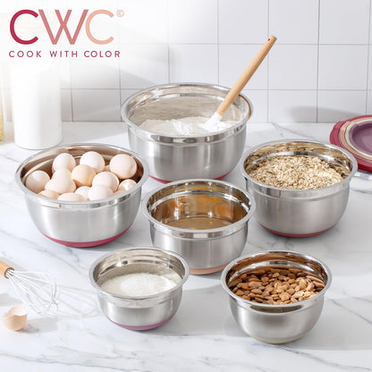 Stainless Steel Mixing Bowls Set with Lids - Nesting Bowls with Non-Slip Bottom, Sage, 12 Pieces