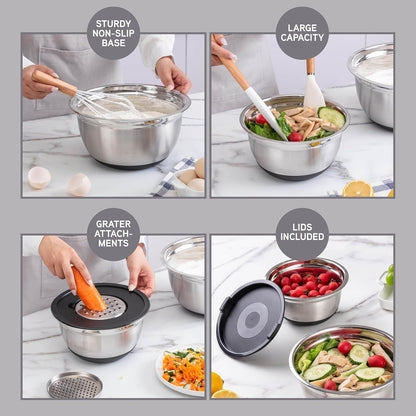Stainless Steel Mixing Bowls Set with Lids - Nesting Bowls with Non-Slip Bottom, Sage, 12 Pieces