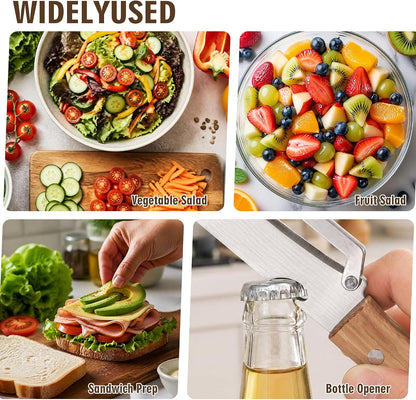 2 Pack Vegetable Peeler, Multi Functional Premium 2-in-1 Potato Peelers, with Wooden Handle & Bottle Opener, Stainless Steel Kitchen Tool for Fruit Potato Pumpkin Papaya, Pare Necessary Kitchen Tools