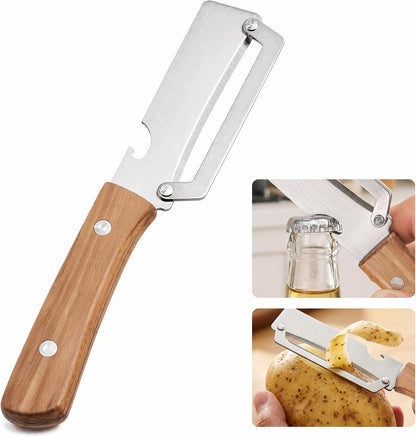 2 Pack Vegetable Peeler, Multi Functional Premium 2-in-1 Potato Peelers, with Wooden Handle & Bottle Opener, Stainless Steel Kitchen Tool for Fruit Potato Pumpkin Papaya, Pare Necessary Kitchen Tools