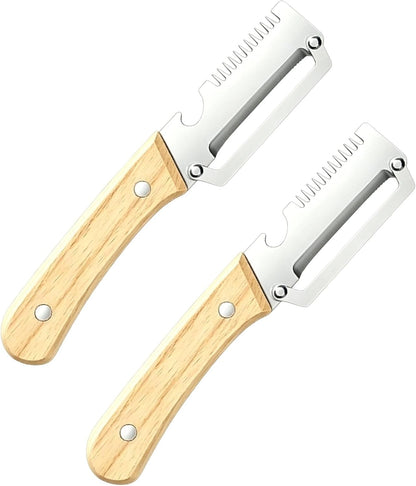 2 Pack Vegetable Peeler, Multi Functional Premium 2-in-1 Potato Peelers, with Wooden Handle & Bottle Opener, Stainless Steel Kitchen Tool for Fruit Potato Pumpkin Papaya, Pare Necessary Kitchen Tools