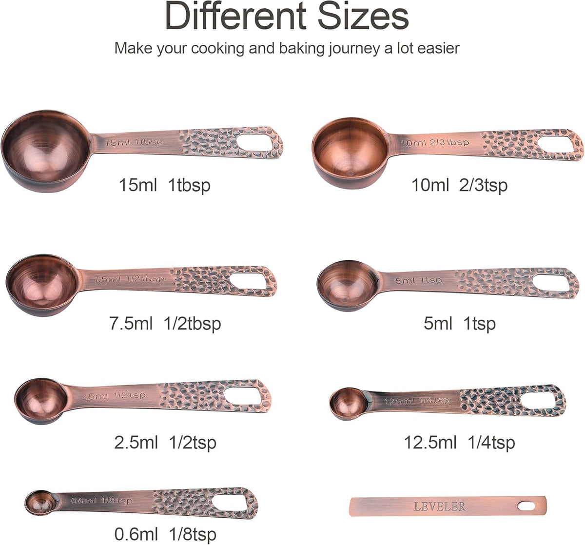 Measuring Spoons Set 7, Copper Plated Measuring Spoons Set for Baking & Kitchen, Metric &US Stainless Steel Measure Tools with Leveler for Dry & Liquid