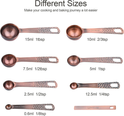 Measuring Spoons Set 7, Copper Plated Measuring Spoons Set for Baking & Kitchen, Metric &US Stainless Steel Measure Tools with Leveler for Dry & Liquid